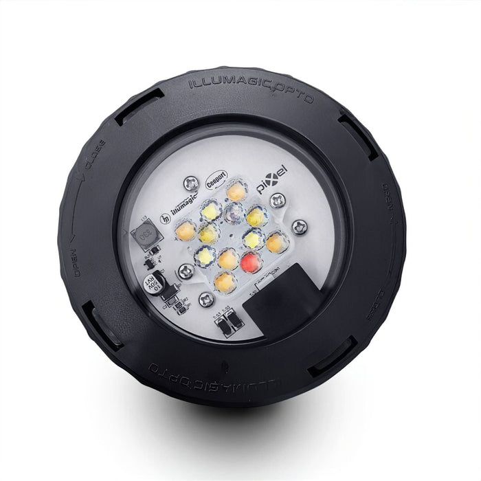 Front view of the Illumagic Pixel Refugium LED, showing its lens and macroalgae-spectrum LED array.
